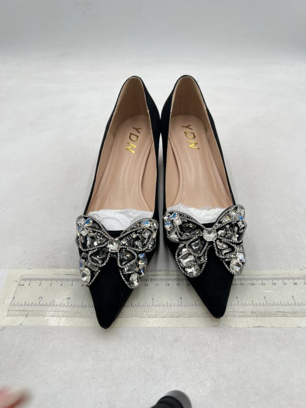 YDN Black Suede Butterfly Pointed Toe Bow Pumps Block Low Heel Dance Shoes - Picture 3 of 8